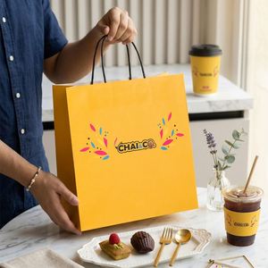 Custom Logo Print Eco-Friendly Recyclable Kraft Paper Bag with Handle Coffee Indian Restaurant Food Catering Takeaway Packaging - Product Image 6