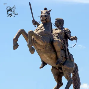 تمثال الاكسندر المحارب اليوناني العتيق ، تمثال الاسكندر على الحصان مع سيف للبيع ، فن معدني كبير الصب