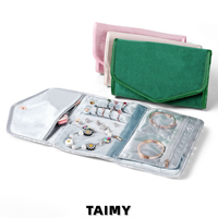Organisateur de bijoux en velours, étui de voyage pliable avec rouleaux pour bagues, trous pour boucles d'oreilles, crochets pour colliers, pochette pour bracelets pour femmes