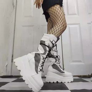 Nueva llegada Otoño Invierno mujeres punk Halloween bruja Cosplay tacones de <span class=keywords><strong>cuña</strong></span> alta botas góticas de pantorrilla <span class=keywords><strong>zapatos</strong></span> de plataforma <span class=keywords><strong>negros</strong></span> para dama - Product Image 6