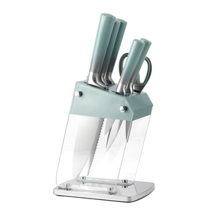 Nouvel ensemble de couteaux de cuisine en acier inoxydable 6 pièces, manche creux, ciseaux de chef Santoku, support en acrylique inclus - Product Image 1