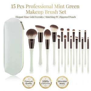 Ensemble professionnel de 15 pinceaux de maquillage <span class=keywords><strong>vert</strong></span> <span class=keywords><strong>menthe</strong></span>, pinceaux synthétiques vegan, ensemble de maquillage, pinceaux de maquillage à étiquette privée avec sac - Product Image 1
