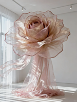 Rose géante en organza rose poudré avec longues franges en tulle, fleur artificielle faite à la main pour mariage et vitrine de boutique de vêtements