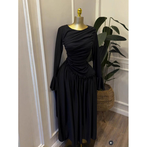 Vestido Elegante de Manga Larga con Dobladillo con Volantes, Tallas S a 2XL, Vestido Maxi Elástico de Color Sólido - Product Image 2