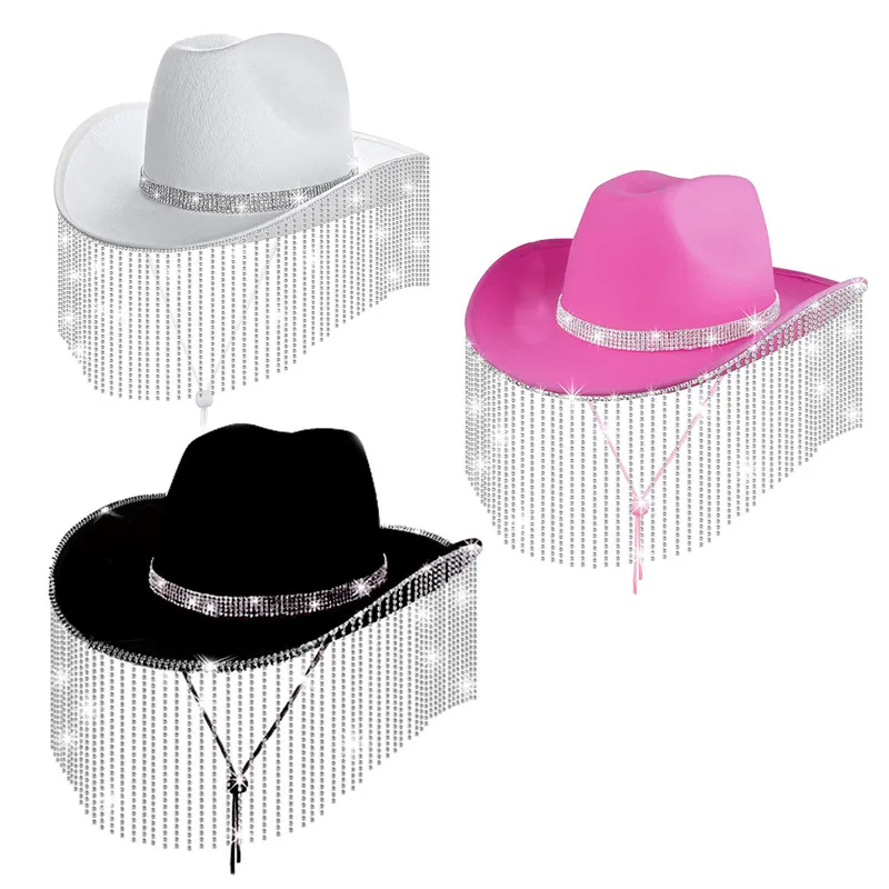 12cm Rhinestone Party Cowgirl Hat Bling Diamond Fringe Cowboy Hat For Women Girl Rolled Fedora Hat luxury