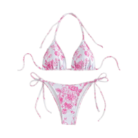 Baju Renang Tankini Halter Tanpa Punggung ODM Custom Wanita, Bikini Segitiga Motif Bunga 2 Potong, Cepat Kering, Tali Serut, Pakaian Pantai