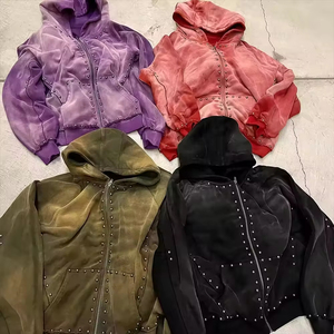 Hoodie Prancis Terry kelas berat Logo kustom Rivet berlian imitasi cuci asam Hoodie pria Streetwear ritsleting penuh - Product Image 2