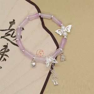 Bracelet en perles de bambou chinois tendance avec pendentif clochette et papillon, bijou en verre de qualité supérieure pour femme - Product Image 6
