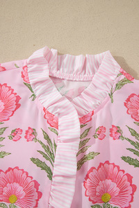 Damen Rosa Bluse mit Blumenmuster, Rüschenbesatz, Stehkragen, Puffärmeln, Knopfleiste, Lässiges Oberteil mit Individuellem Logodruck - Product Image 6