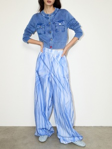 Women Tie Dye Wide Leg Pants Elastic Waist Loose Fit Full Length Casual <b>Summer</b> Cotton Knitted <b>Trousers</b> - Product Image 1