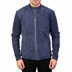 Custom Men's Navy Blue <b>Suede</b> Zipper <b>Jacket</b> Stand Collar Casual Autumn Wear Regular Fit Slim Style Solid Color Leather <b>Jacket</b> - Product Image 1