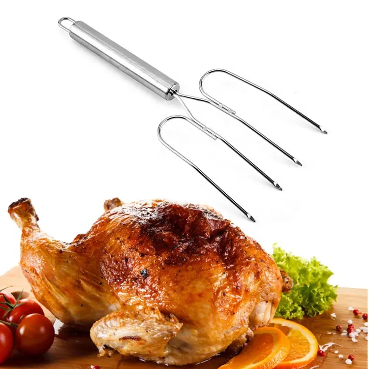 Forquilha de aço inoxidável, garfo de frango para acampamento, ao ar livre, quatro agulhas