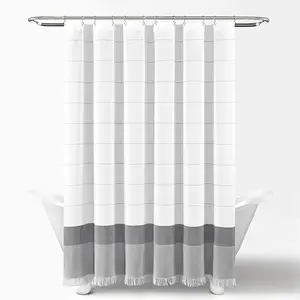 Tassel Stall Boho White and Gray Geometric Chevron Chic Bathroom Decor Heavy Duty of Fabric Shower Curtain Set with Hooks