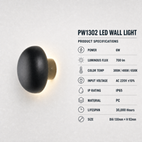 Applique murale LED ronde FULIDI PW1302 6W IP65 étanche lumière du jour 6000K pour extérieur, balcon et véranda avec garantie de 3 ans
