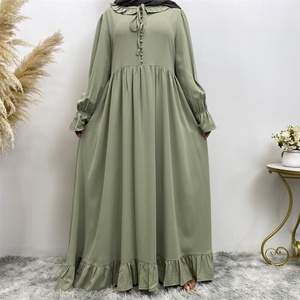 6389 #   Vestido Casual de Verano con Cuello con Volantes y Botones Frontales, Plisado, de Material Nida, Ideal para Toda Ocasión, Estilo Abaya - Product Image 4