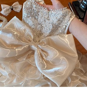 Çocuk resmi saten balo yarışmasında elbise 1-6yrs tulumları doğum günü partisi önlük bebek elbise dantel yay aplikler - Product Image 3