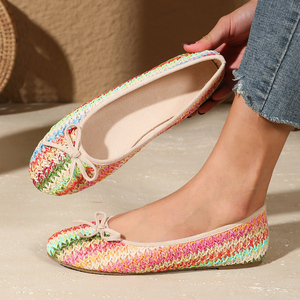 <strong>Boho</strong> Rainbow Raffia Woven <strong>Flat</strong> Shoes for Women Soft Front Bow Lightweight Breathable Slip on Daily Summer Ballet <strong>Flats</strong> - Product Image 4