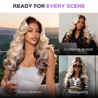 Perruques Megalook 13x6 Three-Go Champagne et Brun Ombré Colorées 6x5 Pré-attachées Sans Colle Ondulées (Loose Body Wave)