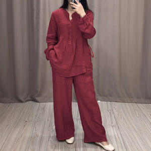 ชุดเซ็ต 2 ชิ้น เสื้อแขนยาวผ้าคอตตอนผสมลินินใส่สบายสำหรับผู้หญิง พร้อมกางเกงขายาวทรงกว้างผูกเชือก สไตล์ลำลอง แฟชั่น Sehe - Product Image 3