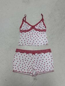 Coquette Lingerie <b>Set</b>-Sweetheart Lace Trim Above Knee <b>Short</b> Sleepwear Built-in Bra Heart Print Knitting Fabric Spring/Summer - Product Image 2