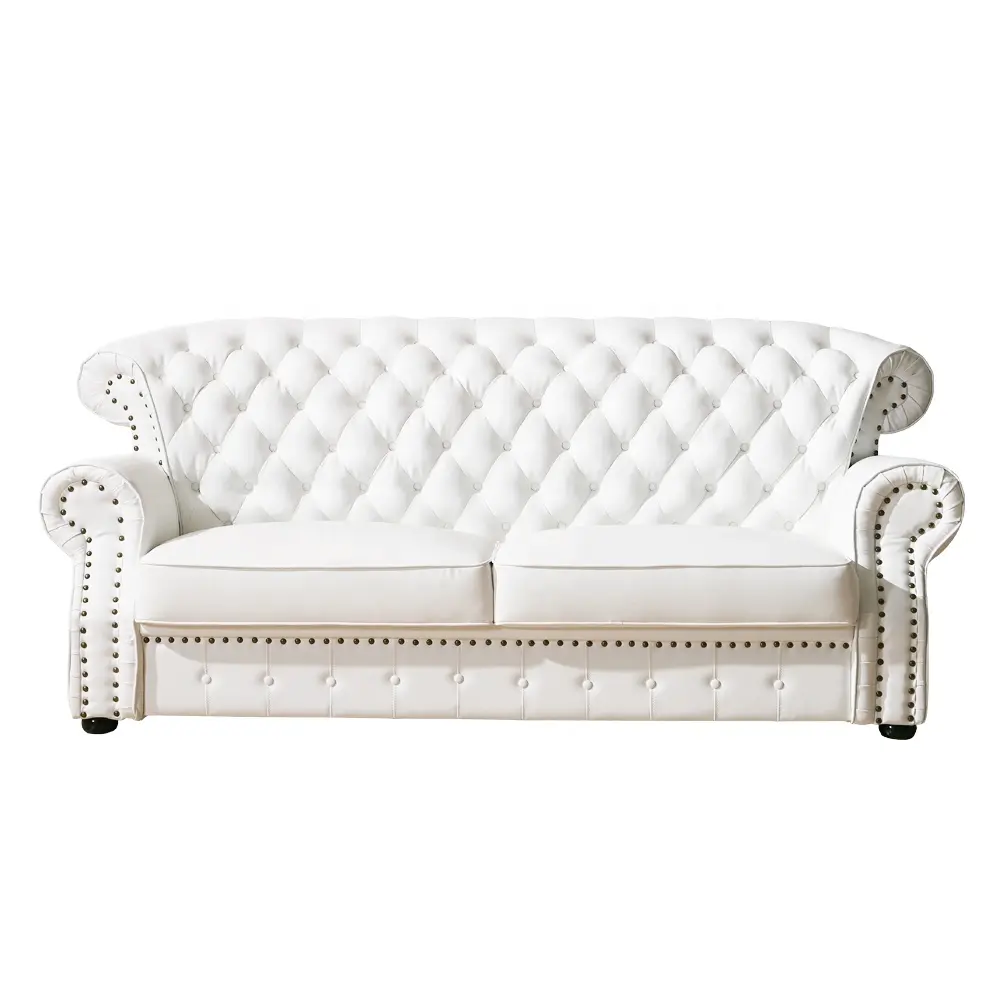 Sofá de couro branco com 2 assentos, sofá de couro genuíno com botões de tração, estilo africano, hotel, sala de estar, com asas, de volta alta