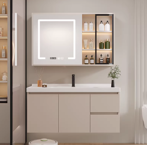 <span class=keywords><strong>Meuble</strong></span> <span class=keywords><strong>de</strong></span> salle <span class=keywords><strong>de</strong></span> bain contemporain haut <span class=keywords><strong>de</strong></span> gamme avec vasque en céramique intégrée, rangement grande capacité et armoire miroir intelligente anti-buée - Product Image 1