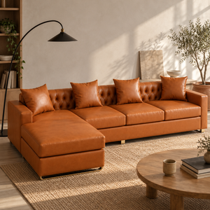 โซฟาหนัง PU รูปตัวแอล สไตล์โมเดิร์นร่วมสมัย พร้อมพนักพิงแบบ Tufted ขาโลหะ ที่วางแขนบุนวม เหมาะสำหรับห้องนั่งเล่นในโรงแรมและวิลล่า - Product Image 1