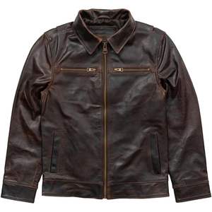 Blouson de moto en cuir pour homme, col chemise, style vieilli, fermeture éclair, style Cafe Racer, épaisseur standard, manches classiques - Product Image 1