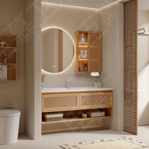 Meuble de salle de bain mural anti-buée en chêne rouge tressé en rotin style Wabi-sabi avec lavabo en céramique intégré et toilettes combinées - Product Image 4