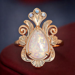 Anello da Cocktail A064 per Donna con Opale a Forma di Pera, Pietra Naturale con Montatura a Griffe, Motivo Vegetale, Anello di Moda per Matrimonio - Product Image 2