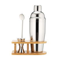Ensemble de shaker à cocktails en acier inoxydable personnalisé, 3 pièces, shaker cobbler avec doseur, cuillère de bar, support en bois pour bar à domicile, barman