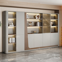 Bureau de direction moderne de luxe en forme de L avec éclairage LED, table de bureau pour PDG, bureau de patron avec armoire latérale