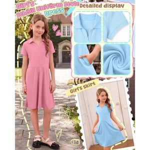 Robe d'uniforme scolaire pour filles, col polo, coupe trapèze, avec poches, en coton, robe décontractée d'été, style skater - Product Image 5
