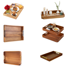 Bandeja de madera con asas <span class=keywords><strong>para</strong></span> servir, bandeja de comida y bebidas <span class=keywords><strong>para</strong></span> mesa de centro, desayuno, cena y bar, bandeja de almacenamiento decorativa rústica FSC - Product Image 1