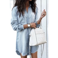 Đầm Denim Nữ Cổ Điển Chất Lượng Cao Cổ Áo Bẻ Xuống Đầm Ngắn Áo Sơ Mi Denim Dài Tay