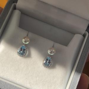 S925 Pure <b>Silver</b> French Aquamarine <b>Earrings</b> for Women Tears Filled Diamonds <b>Pearl</b> Elegant Temperament Vintage Gentle for Gifts - Product Image 1
