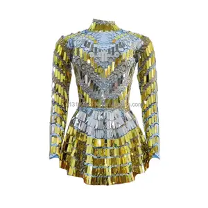 Vestido de bar de club nocturno, vestido dorado de lentejuelas de lujo para mujer, vestido de actuación Sexy penetrante de carne de canción para mujer - Product Image 1