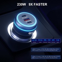 Cargador de Coche SUNDA con Anillo de Luz Azul, PD 3.0, Carga Rápida de 230W, 3 Puertos USB QC3.0, con Reloj Inteligente y Encendedor de Cigarrillos