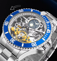 Montre mécanique de luxe pour homme Forsining avec lunette rotative, bracelet en acier, phase de lune creuse, automatique, étanche, montre de business pour homme