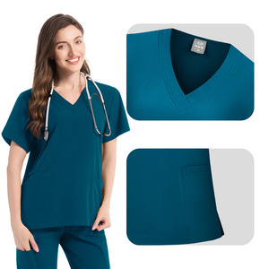 HZMNOI Women's V-Neck <b>Scrub</b> <b>Set</b> Short Sleeve Moisture Wicking Knitted Hospital Uniform Split <b>Set</b> For Medical Staff - Product Image 2