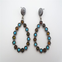Nouvelles boucles d'oreilles pendantes en alliage de zinc plaqué argent antique, style vintage, motif goutte d'eau et fleur turquoise