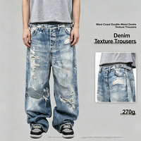 Jean déchiré et vieilli pour homme, 270g, double ceinture, effet éclaboussures de peinture, coupe droite large style West Coast, streetwear