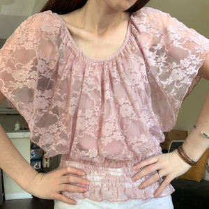 Camiseta de Mujer con Encaje y Manga Murciélago, Cuello Redondo, Tejido Holgado, Top Informal de Verano, Camiseta de Moda para Mujer - Product Image 2