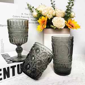 Verre à <span class=keywords><strong>vin</strong></span> rouge vintage <span class=keywords><strong>gris</strong></span> gaufré motif diamant tournesol et couronne pour gobelet en verre teinté et verre à jus 201-300ml - Product Image 1