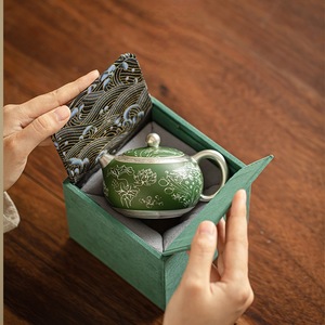 Théière en porcelaine He Fusen, motif algues vert foncé, avec couvercle en argent 999, style oriental, coffret cadeau - Product Image 2
