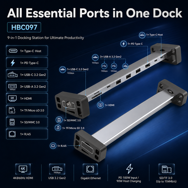 9 in 1 USB C Hub 4K 60Hz HDMI 10Gbps USB 3.2 Gen2 RJ45 Gigabit Ethernet 100W PD Type C Docking Station for Laptop MacBook