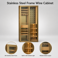 Armoire à vin de luxe sur mesure en acier inoxydable, armoire de rangement à vin avec porte en verre et éclairage LED, avec étagère à vin en bois massif pour villa et maison