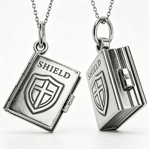 Pendentif rectangulaire en alliage de zinc plaqué argent avec emblème de bouclier et motif gravé en croix pour souvenir religieux - Product Image 3