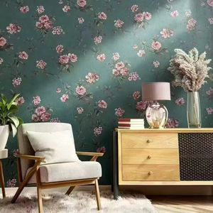 Papel Tapiz Floral Vintage, Diseño de Peonías en Rosa y Verde Azulado Oscuro, Papel Tapiz de Vinilo PVC para Sala de Estar, Dormitorio, Decoración del Hogar - Product Image 1