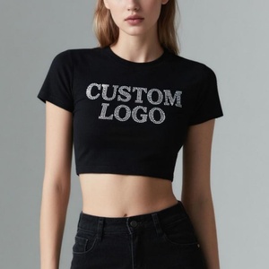 T-shirt Crop Top da <span class=keywords><strong>Donna</strong></span> Personalizzata a Maniche Corte Vestibilità Ampia con Logo in Strass Stampato, in Maglia di <span class=keywords><strong>Cotone</strong></span> Spandex 210g, Estiva - Product Image 1